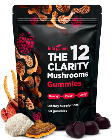 KIKI Green 12 Mushroom Supplement Gummies - Lion's Mane, Cordyceps, Chaga, Reishi, Turkey Tail & 7 More for Memory, Focus, Immunity - 60 Mushroom Gummies for Adults with Raspberry Flavor 10:1 Extract